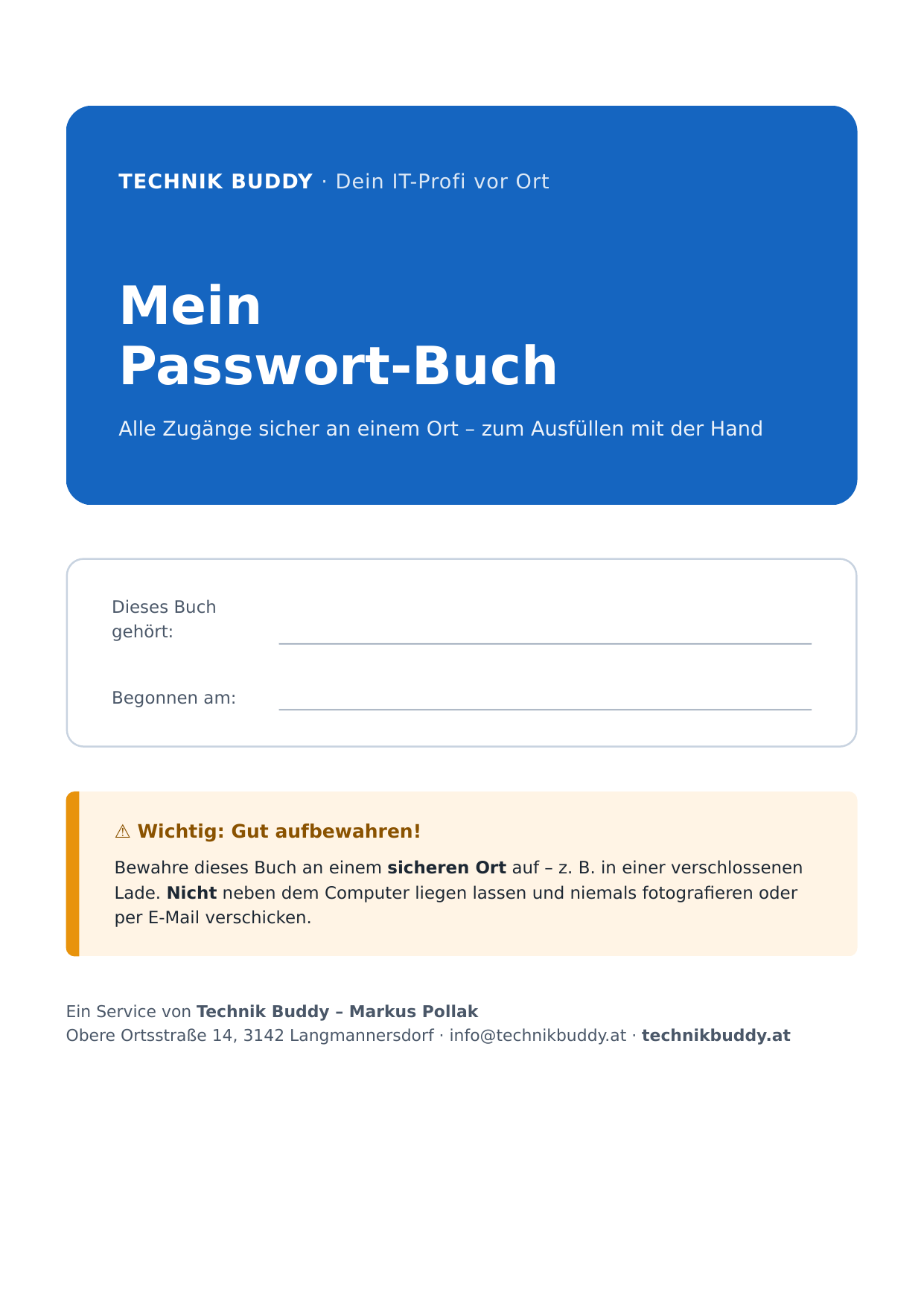 Vorschau: Mein Passwort-Buch von Technik Buddy - Deckblatt